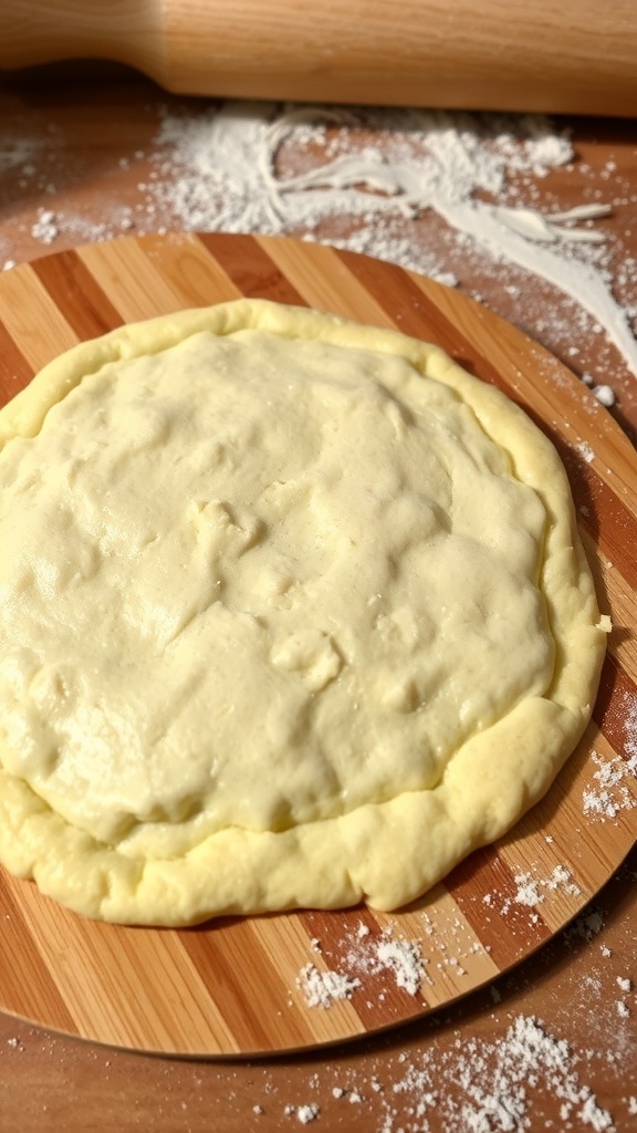 Perfect Pizza Crust Recipe Golden brown pizza crust on a wooden peel, ready for toppings.